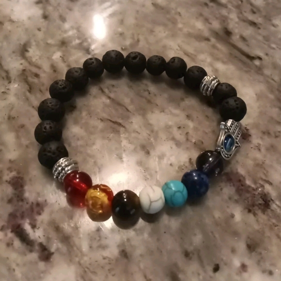 Genuine Chakra Healing Natural Stone Bead Evil Eye Hamsa Bracelet - Picture 3 of 5